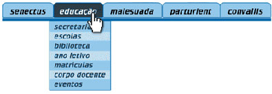menu anterior com o link Educação apresentando suas 7 subopções. Evento gerado pelo ponteiro do mouse sobre o item.