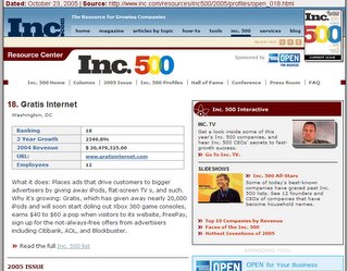 Gratis Internet rating on INC 500 - the 18th fastest growing company!