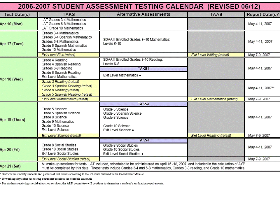 A CLEAR Alignment: TAKS Testing Calendar 2006-2007 (TEA)