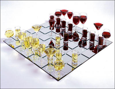 A reconstruction of André Breton and Nicolas Calas's wine-glass chess set.