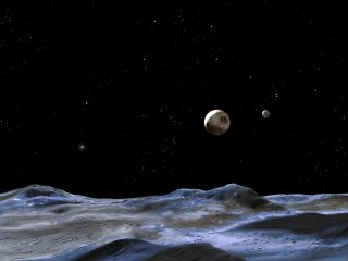 Recreación de Plutón y sus dos nuevas lunas