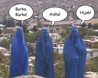 Picture: three burka-covered women standing. #1 says: "Burka, Burka!" #2 says: "Aisha!" #3 says: "Hijab!"
