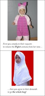 Picture: commentary on the slippery slope from banning Piglet toys to putting hijab on women