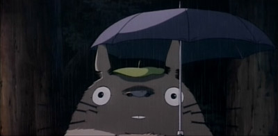 Totoro surprised by rain on the umbrella