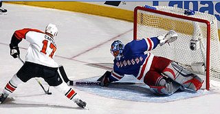 Kevin Weekes stops Jeff Carter in 3rd period - Rangers clinch playoff berth