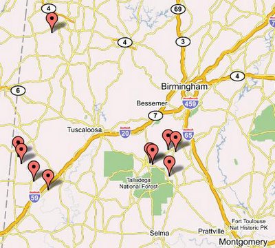 Google Map of Alabama Church Fires at MapBuilder.com