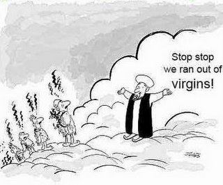 Muhammad standing on a cloud, greeting dead suicide bombers