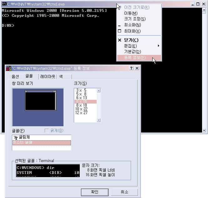 윈도우 도스 창(명령 프롬프트) 글꼴 설정