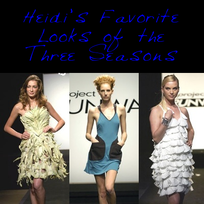 Austin Scarlett's cornhusk dress from Season 1's 'Innovation'; Chloe Dao's dress from Season 2's 'Clothes Off Your Back'; Michael Knight's coffee filter dress from Season 3's 'Wall to Wall'