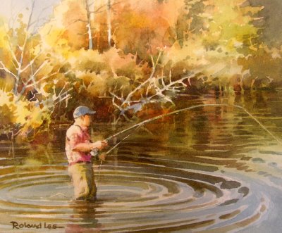 The Fisherman, painting of fly fishing by Roland Lee