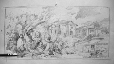 Preliminary drawings for the Washington County Library mural painting by Roland Lee