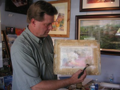 Roland Lee demonstrating the painting of Sage in the Sunlight at September 2006 watercolor workshop