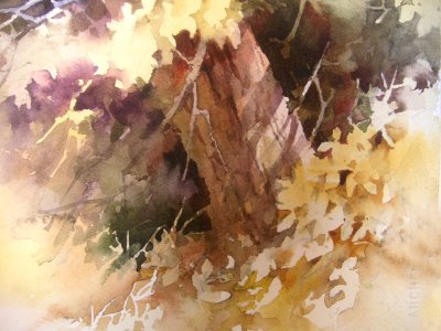 Roland Lee Watercolor painting of tree in the sunlight