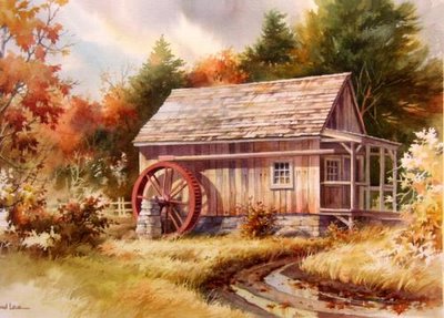 Watercolor Painting of Vermont, Little Mill House by Roland Lee