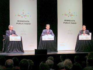 Peter Hutchinson, Tim Pawlenty, and Mike Hatch at the MPR debate. (c) North Star Liberty.