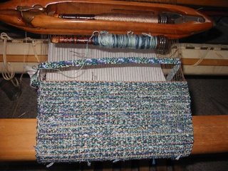 Weaving made from thrums, fabric strips, and rayon yarn