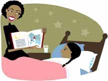 cartoon image of mother reading book to girl in bed