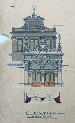1898 architect's design for the new theatre entrance, built forwards from the original 1886 circus entrance, at North London Colloseum and Amphitheatre, 12 Dalston Lane, London E8