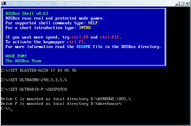 도스박스(DOSBox) 초기 화면