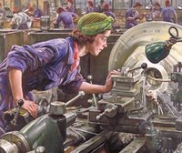Women at work, a typical factory scene with typical wartime headdress. Her husband probably away fighting