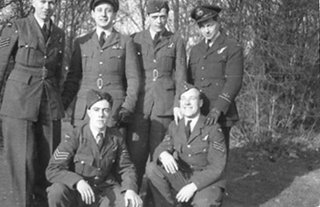 Maurice Morgan-Owen with his crew of Lancaster II DS682 JI-N. Identified are: Back row left to right - unknown Airman, F/Officer Morgan-Owen, Sgt Herbert Stanley Hayward, F/Officer George Alexander Jacobson, RAAF. Other three Airman are any of the following - Sgt Alfred Douglas Tetley, Sgt Henry Sadler, Flight Sgt Alan W. Green, and Sgt F. Barrett