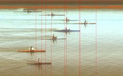 Finish photo from 2006 world flatwater canoe-kayak championships, showing typical pattern of lanes