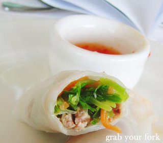 inside the duck, mint and coriander rice paper rolls