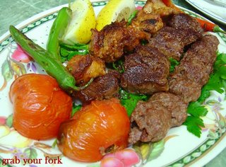 Lamb kebab, chicken tikka and lamb tikka