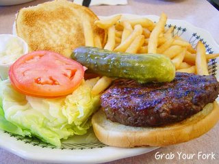 Bison burger with pickle, salad and fries