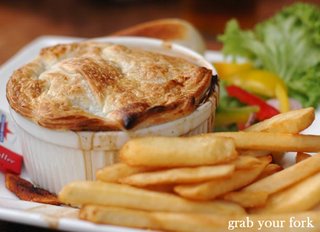 beef and Guinness pie with chips