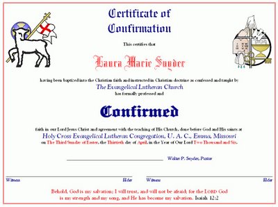 Laura's Confirmation Certificate