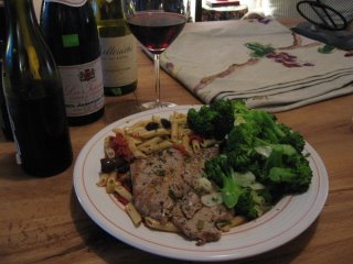 rhone red wine mediterranean dinner pairing veal escalope pasta olives broccoli