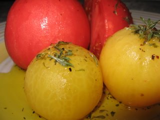 poached yellow red tomatoes oregano savoury olive oil