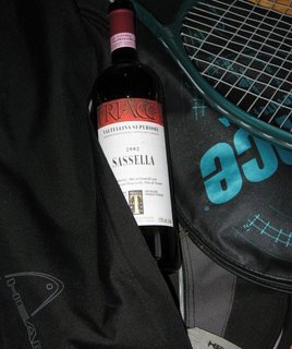 drinking wine playing tennis prince raquet italian red wine