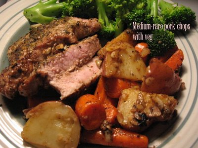 medium-rare pork chops with veg