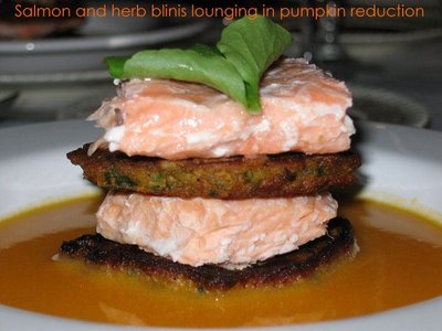 salmon herb blini pumpkin reduction