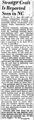 Strange Craft Is Reported Seen in NC  The State Newspaper 12-28-1949