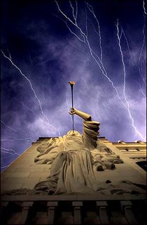 Lightning ripples over the Bass Performance Hall in Fort Worth, Texas