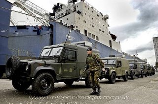 Snatch Land Rovers on the dock in Belfast