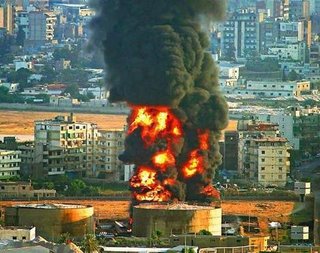 Burning oil tanks at Beirut airport after an Israeli airstrike