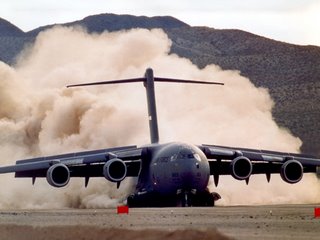A C-17 on unprepared strip landing trials - the 'real thing'