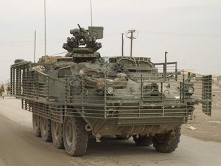 The Stryker armoured patrol vehicle showing the anti-RPG slatted armour