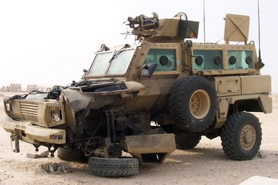 A US RG31 after it has been hit by an IED.  The five-man crew survived