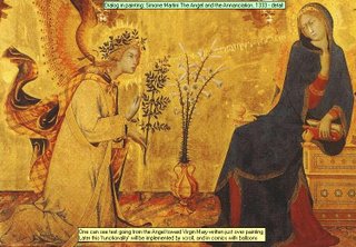 Dialog in painting: Simone Martini The Angel and the Annanciation, 1333 - detail One can see text going from the Angel toward Virgin Mary written just over paintingLater this functionality will be implemented by scroll, and in comics with balloons 