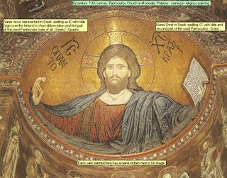 Byzantium, 12th century, Pantocrator, Church in Monreale, Palermo - naming in religious painting Name Jesus represented in Greek spelling as IC with tilde (sign over this letters) to show abbreviation and first part of the word Pantocrator (ruler of all - Greek) - Opanto Name Christ in Greek spelling XC with tilde and second part of the word Pantocrator - Krator Each saint painted here has a name written next to his image 