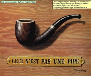 Ceci nest par une pipe  by Rene Magritte, 1929 Ceci nest pas une pipe (French) This is not a pipe - text here is a part of the image referring to the fact that painted object is not a real object. This painting produced huge amount of literature. 