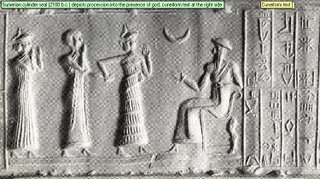 Sumerian cylinder seal (2100 b.c.) depicts procession into the presence of god, cuneiform text at the right side Cuneiform text 