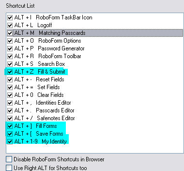 Robo Form keyboard shortcuts