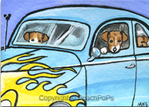 mini painting of Jack Russel Terrier Dogs in a hot rod