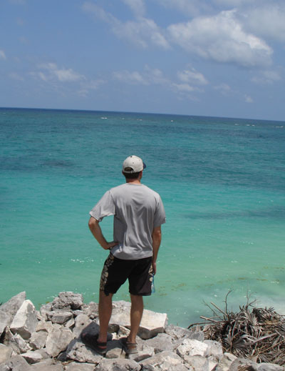 I'm overlooking the shore off Tulum, Mexico